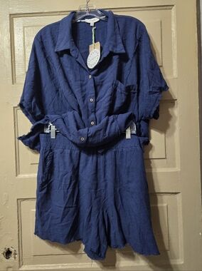 Umgee Navy Blue Cotton Linen Blend Resort Lounge Set - Top & Shorts NWT 2XL